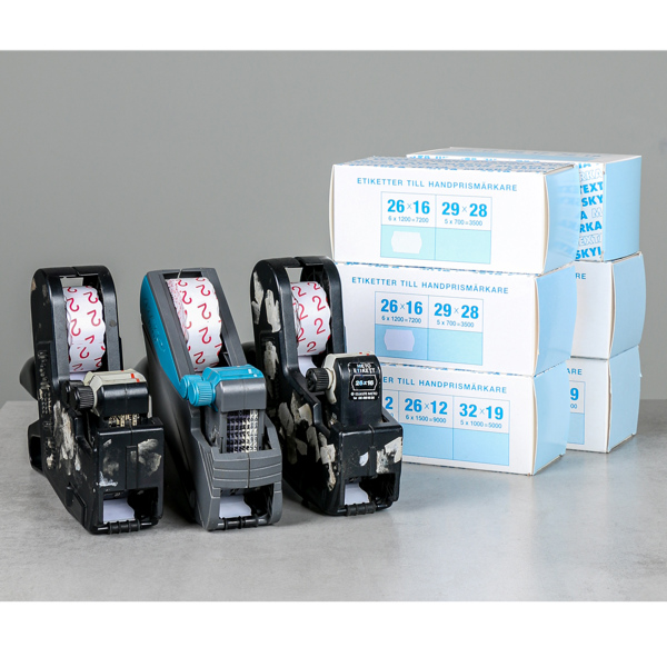 Prismärkare, 3 st Meto, samt prisetiketter, 36 rullar