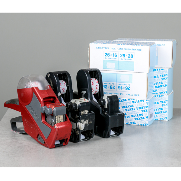 Prismärkare, 3 st Meto, samt prisetiketter, 36 rullar
