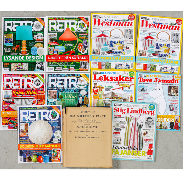 Tidningar, "Retro", bla om Stig Lindberg, Marianne Westman, bok "History of old Sheffield Plate" mm