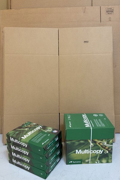 Parti wellpapplådor, varierande storlek samt kopieringspapper, Multicopy