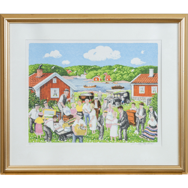 Bengt-Håge Häverö, litografi, "Autkion i skärgården"