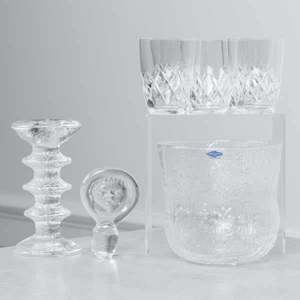 Ljusstake "Festivo", Iittala, skål Nuutajärvi, 5 slipade selterglas