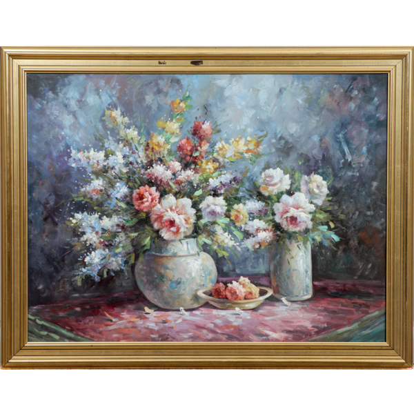 Blomsterstilleben, olja på duk, oidentifierad konstnär