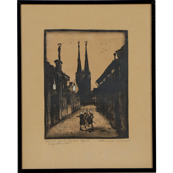 Ernst Nilsson, "Serenad Åsgränd, Uppsala, signerad, träsnitt", träsnitt