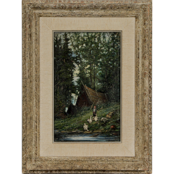 Adolf Beer (1831-1902), "Gåsaherde", olja på pannå, signerad