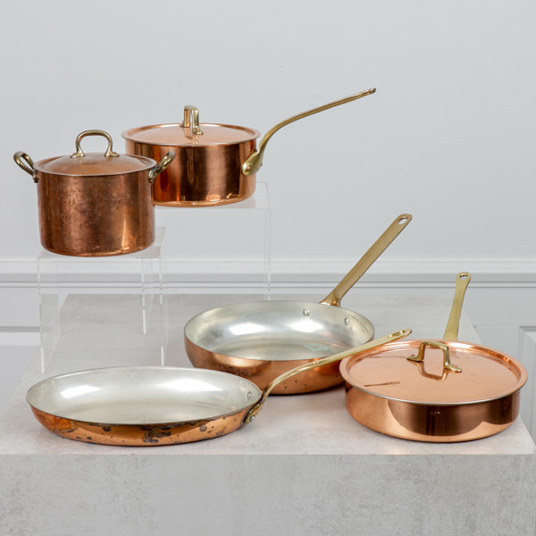 Traktörpannor och kastruller, koppar, mässing, 5 delar