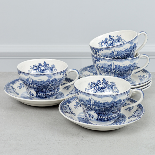 Tekoppar med fat, 4 st, "Old Britain Castles", Johnson Bros