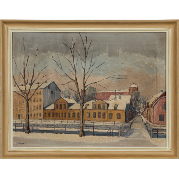 Oidentifierad konstnär, Vy mot Uppsala Slott, olja på pannå, signerad S. Eriksson