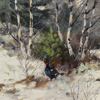 Johannes Ravn (1922-1991), Orrar i vinterskog, olja på duk, signerad