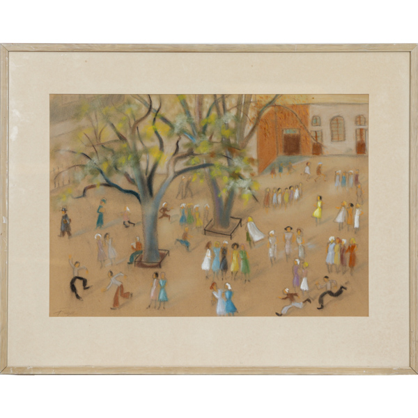 Harald Gelotte (1892-1951), Skolgård med lekande barn, pastell