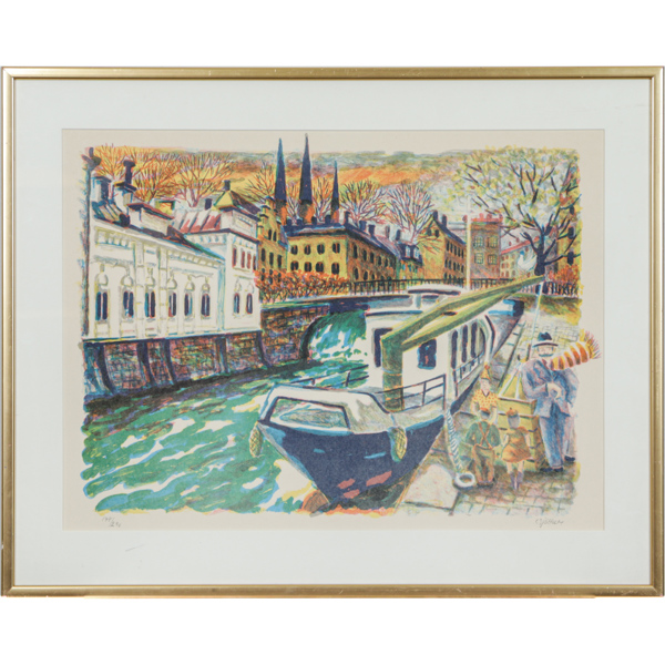 Charles Sjöholm, Uppsala Fyrisån, färglitografi, signerad