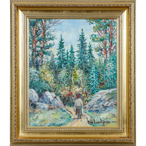 Eric Lundgren, Flicka på skogsstig, olja på duk, signerad