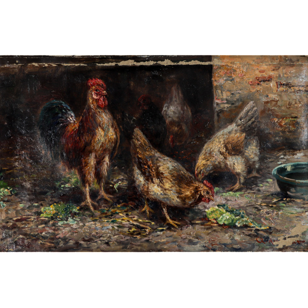 Oidentifierad konstnär, Pickande Höns, olja på duk, troligtvis England, 1800/1900-tal