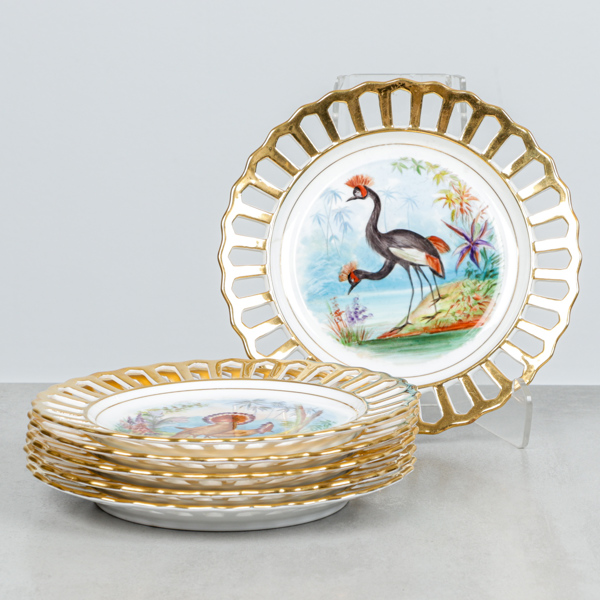 Assietter, 6 st, Fågelmotiv, förgylld gallerkant, Rörstrand, sekelskifte 1800/1900.