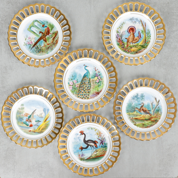Assietter, 6 st, Fågelmotiv, förgylld gallerkant, Rörstrand, sekelskifte 1800/1900.
