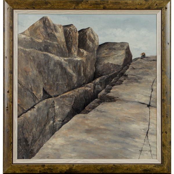 Helena Larsson (1949), Kvinna vid klippor, gouache på träskiva, signerad, 1981