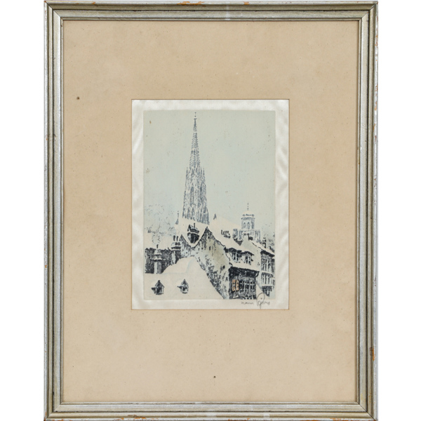 Hans Figura (1898-1978), färgetsning på siden, Mozarts hus i Wien och Sefansdomen, Wien