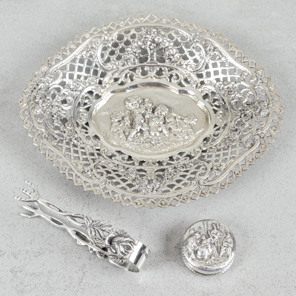 Fat, tång och dosa, silver, 86g
