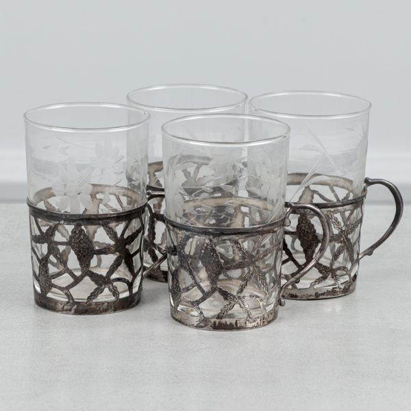 Muggar, 4st, Sterling silver och glas, Mexico