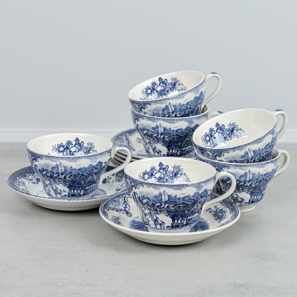 Tekoppar med fat, 6 st, "Old Britain Castles", Johnson Bros