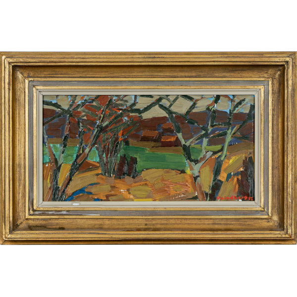 Uno Lindberg (1912-1992), "Gården", Olja på pannå, signerad