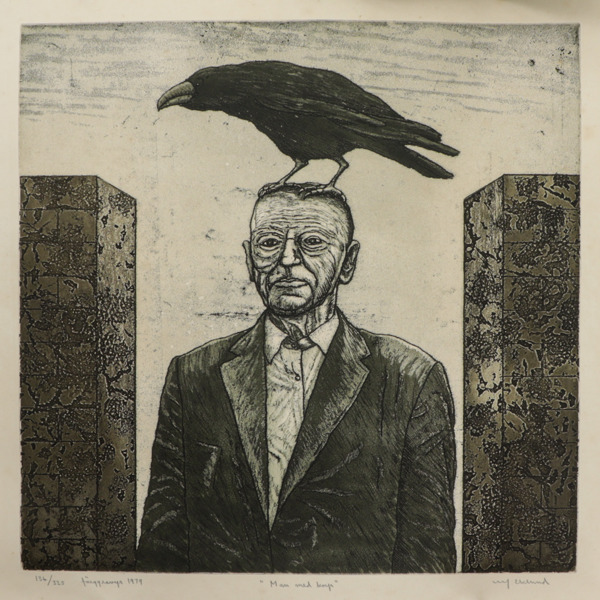 Ulf Eklund, färggravyr, "Man med korp", signerad