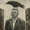 Ulf Eklund, färggravyr, "Man med korp", signerad