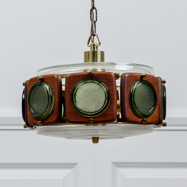 Taklampa, glas, teak, tre ljuspunkter,1960-tal