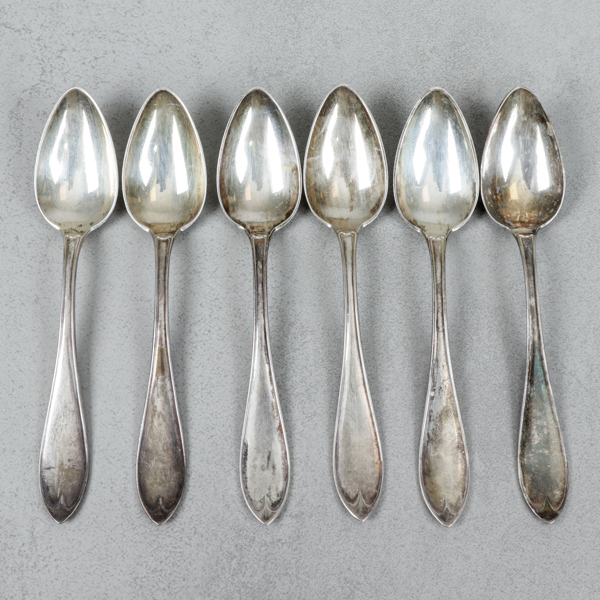 Kaffeskedar, silver, 6 st, kgmg ab, år 1908
