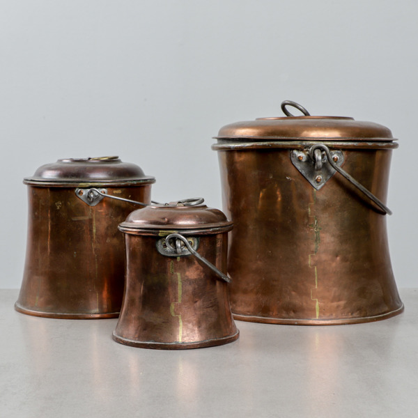 Hinkar med lock, 3 st koppar, 1800-tal