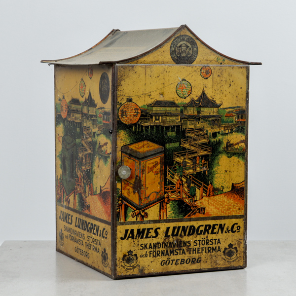 Teburk /-skåp, "James Lundgren & Co Skandinaviens största och förnämaste Théfirma", litograferad plåt, sekelskifte 1800/1900
