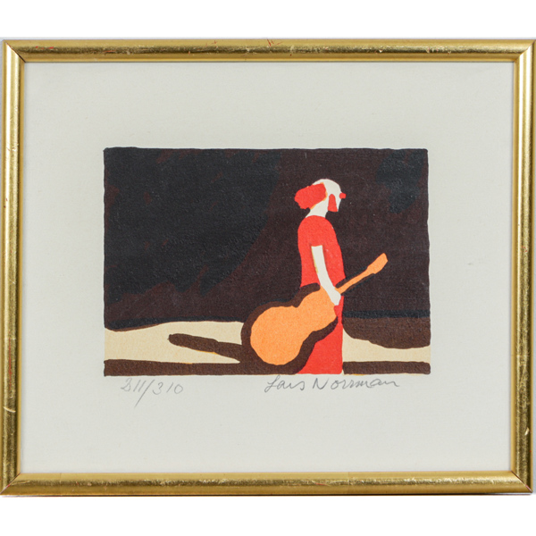 Lars Norrman, gitarrspelande clown, litografi, signerad