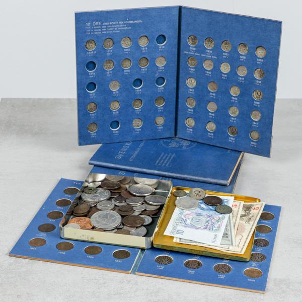 Mynt och sedlar, bl.a 32st 10 öre silver