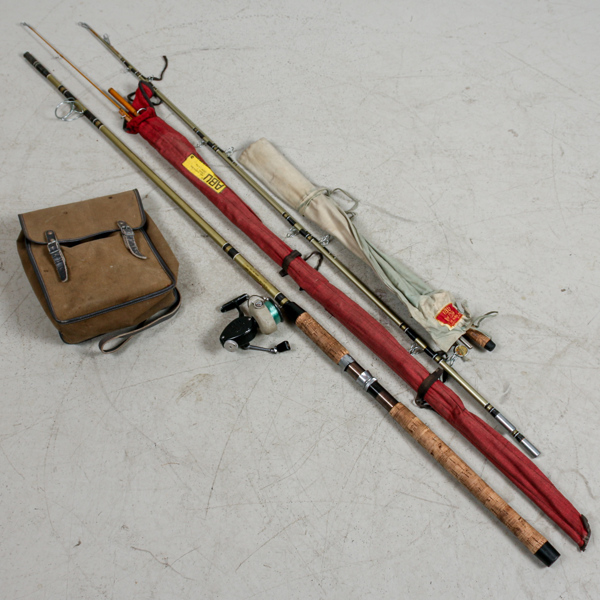 Fiskespön ABU Suecia 351, aBU Record, Heddon 7525 m dubbla toppar, Veteranrulle ABU 444