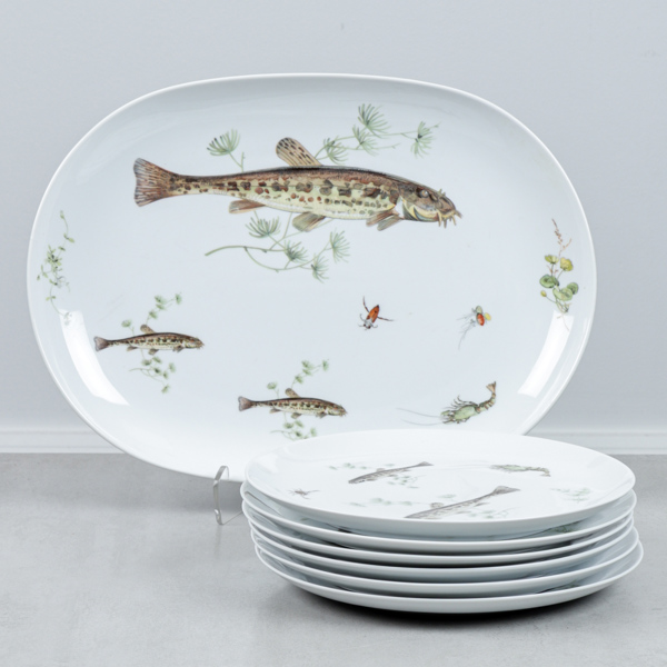 Tallrikar, 6 st samt uppläggningsfat, Upsala Ekeby för Karlskrona, porslin