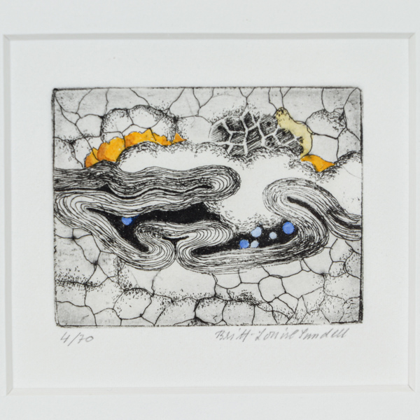 Britt-Louise Sundell, "Meander", kolorerat träsnitt, signerad