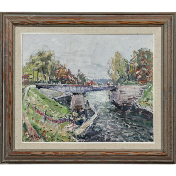 Alexander Roos, Bro över vatten, olja pannå, signerad