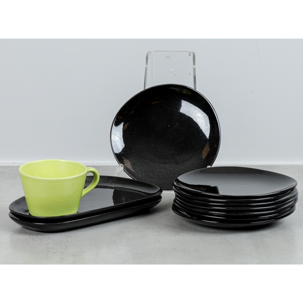 Stig Lindberg, "Colorado" TV-kopp med fat samt 7 st assietter, porslin, Gustavsberg