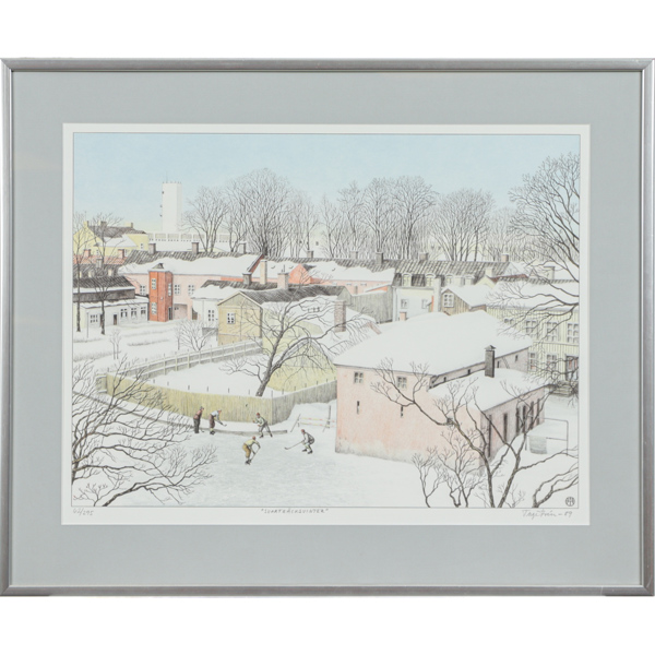 Tage Åsén, "Svartbäcksvinter", litografi, signerad