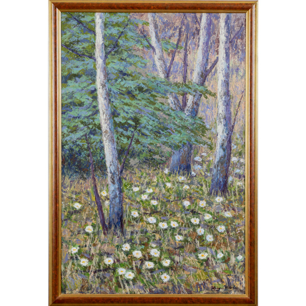 Birger Welander, "Vitsippor", olja på pannå, signerad