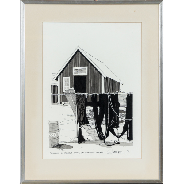 Göran Hahne, fiskebod, blandteknik, signerad