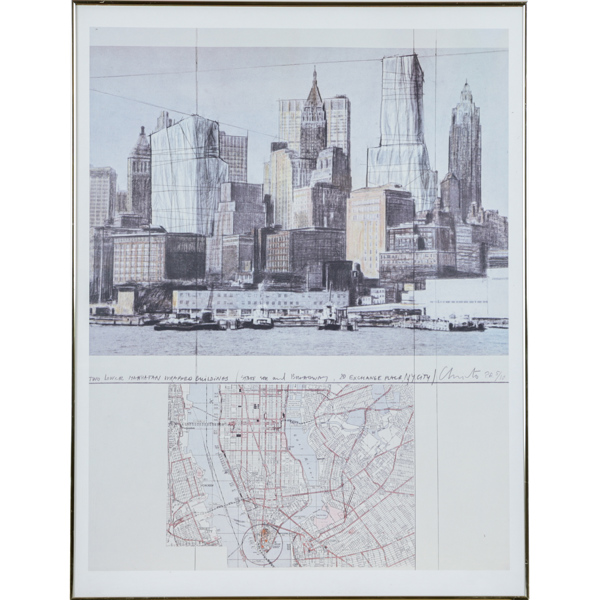 Christo & Jeanne-Claude, Two lower Manhattan wrapped buildings, project for New York", färgoffset, signerad i trycket