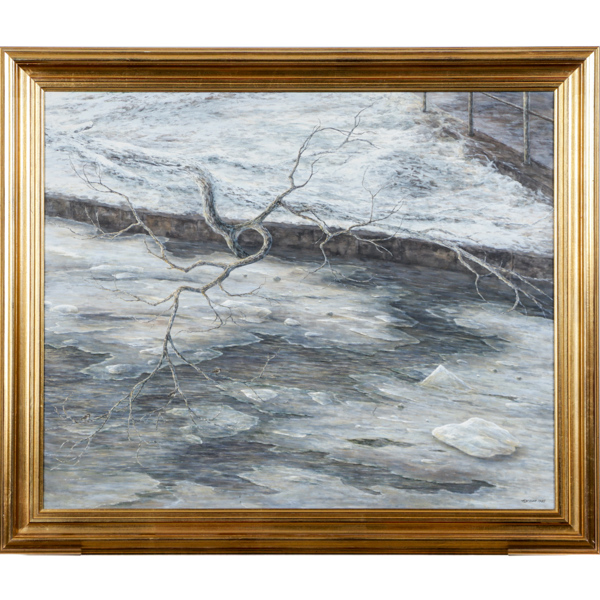 Helena Larsson, vårflod, olja på pannå, signerad