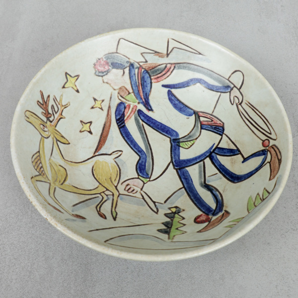 Carl Harry Stålhane, skålfat, motiv med same och ren, stengods, Rörstrand