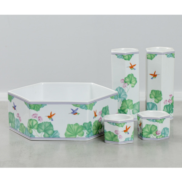 Skål samt 4 st ljushållare, "Colibri", Annegrete Halling-Koch, Royal Copenhagen