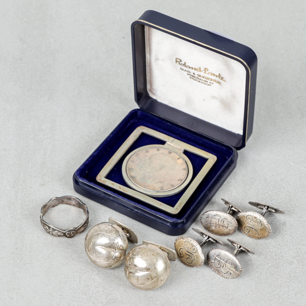 Manschettknappar, ring och sedelklämma, Silver, 62g