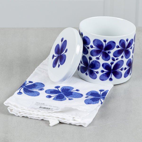 Burk med lock och kökshanduk, "Mon Amie", Rörstrand, Marianne Westman, samtida produktion