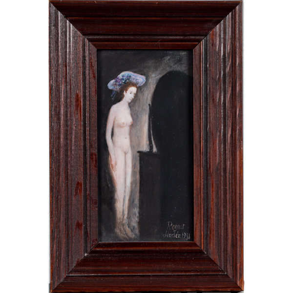 Ragnar Lindén, kvinna framför spegel, olja på pannå, signerad