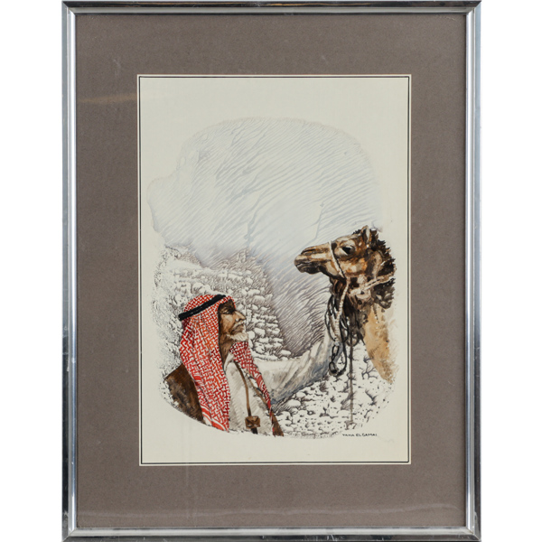 Taha El Gamal, man med kamel, akvarell, signerad