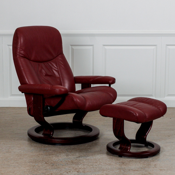 Fåtölj med fotpall, läder, ställbar